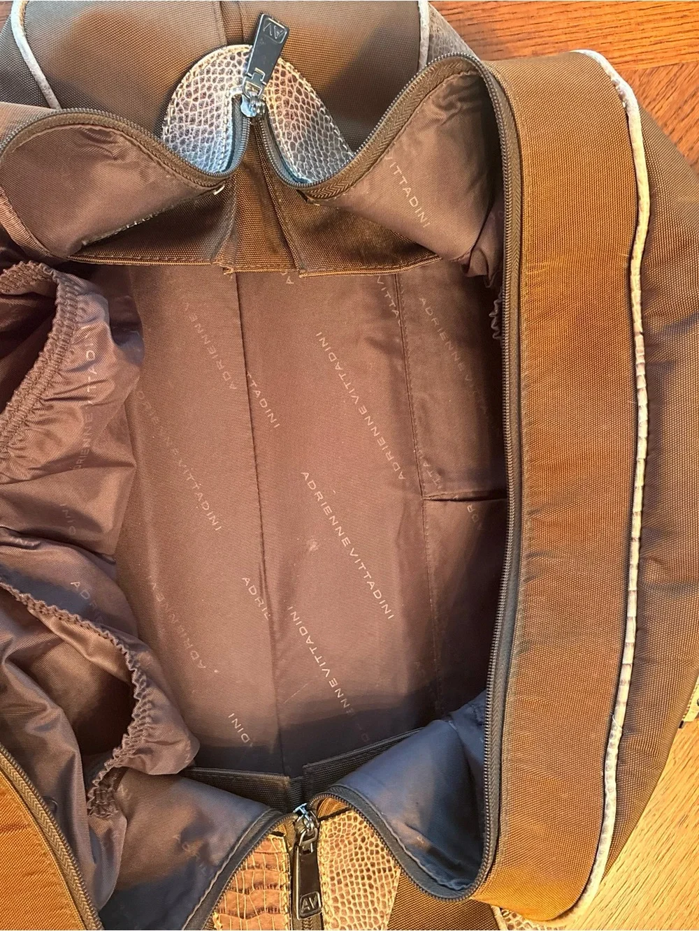 Vintage Adrienne Vittadini Brown Nylon Satchel Faux Croc Leather Duffel/Tote Bag